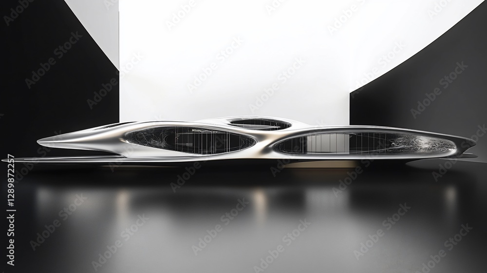 Poster futuristic architecture: sleek silver building with unique design in black and white background