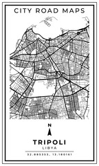 Black and white printable road map of Tripoli city Libya banner poster design with coordinate position location, vector illustration