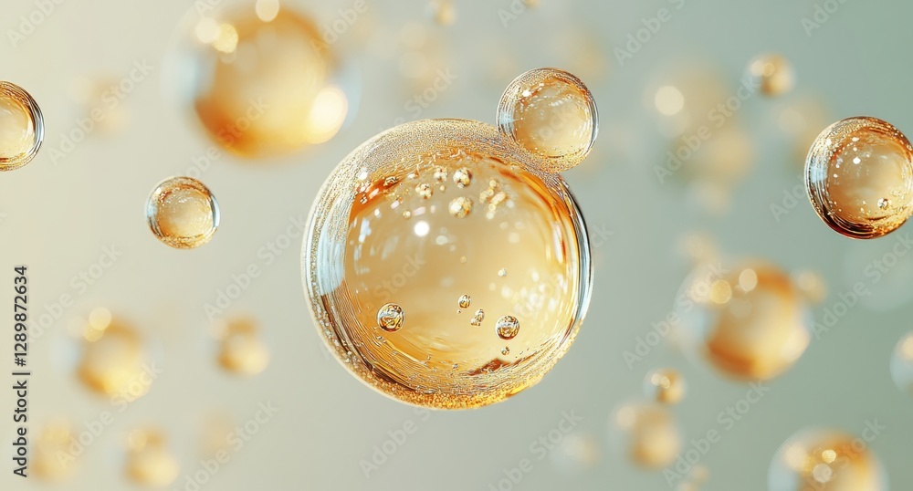 Poster stunning close-up of transparent bubbles rising in soft light, capturing glimmering surface and intr