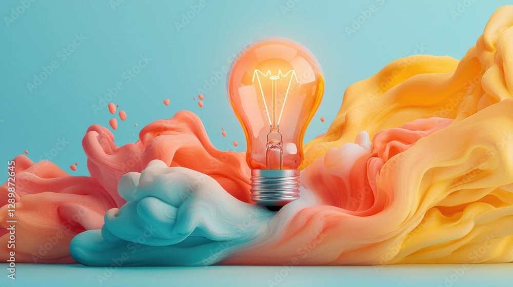 Poster vibrant fluid waves of warm luminous colors swirl and flow around a glowing lightbulb symbolizing th