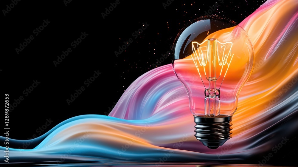 Poster a vibrant dynamic image depicting a glowing lightbulb against a backdrop of flowing colorful digital