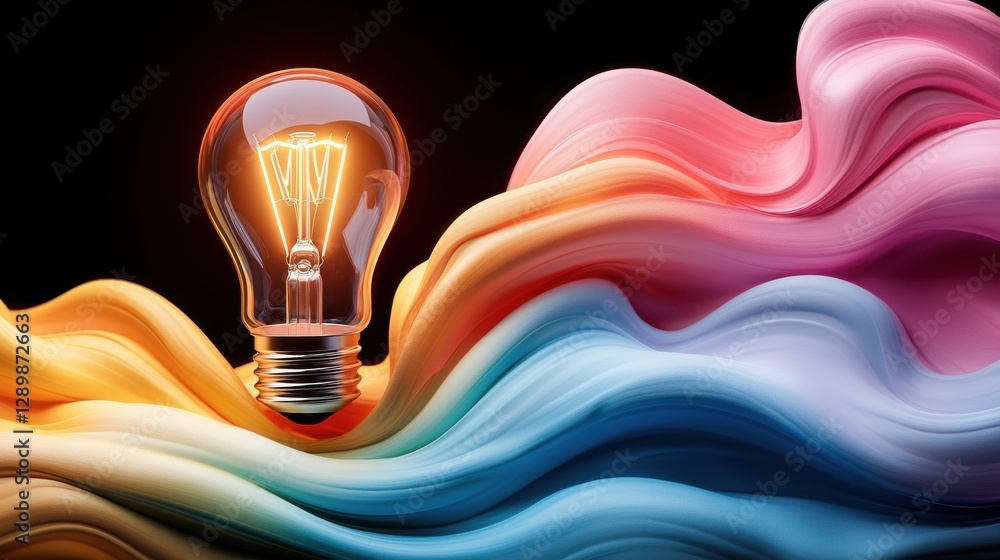 Poster glowing light bulb on a vibrant dynamic and abstract background representing the concept of creativi