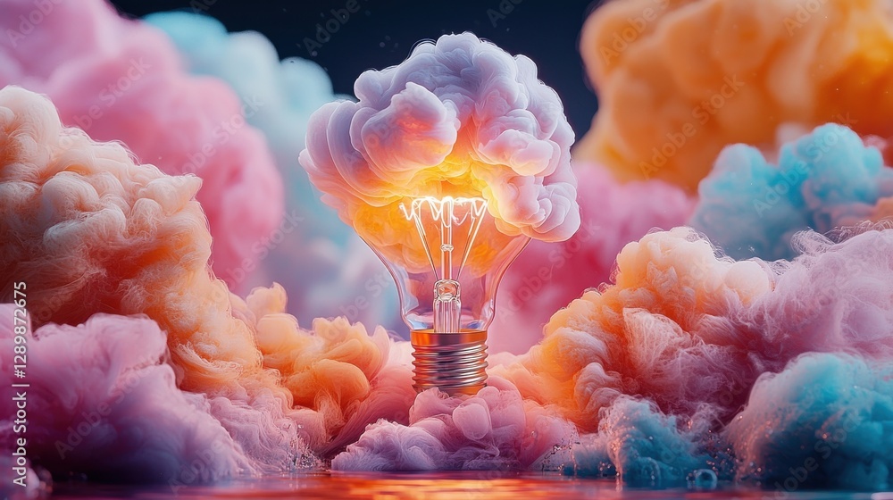 Poster stunning abstract digital showcasing a light bulb exploding in a vibrant burst of energy creating a 