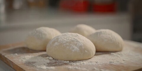 Fototapeta premium Flour-dusted dough balls on wood board, kitchen background, baking prep