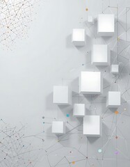 White colored geometric cubes and network overlay on a white background
