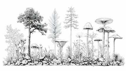 Black And White Illustration Of Forest With Trees And Mushrooms
