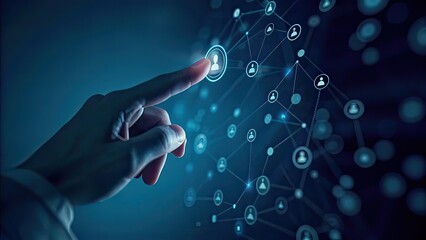 Futuristic Digital Network Interface with Hand Touching Virtual Connection