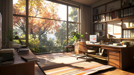 Fototapeta premium Sunlit Autumnal Home Office with Wooden Desk and Bookshelves