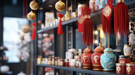 Fototapeta premium Traditional chinese decor and artifacts display cultural market photography vibrant setting close-up view celebrating heritage and craftsmanship