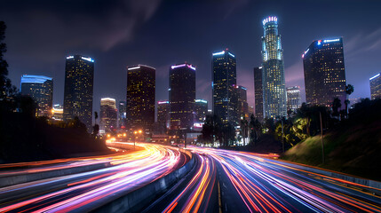 Fototapeta premium Night City Skyline with Light Trails and Traffic on Highway