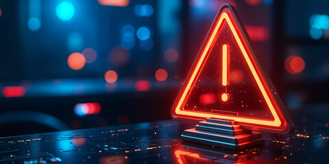 3D rendering of a triangular warning sign with an exclamation mark on a dark background