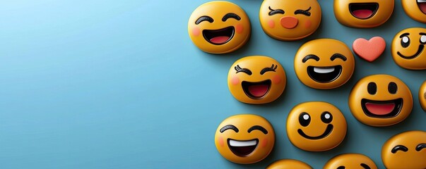 Naklejka premium Happy emojis on blue background. Social media concept