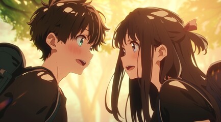 two characters facing each other in profile, with locked eyes and smiles