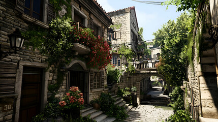 Mediterranean Village Street Scene: Stone Buildings, Red Flowers, and Sunny Daytime Light
