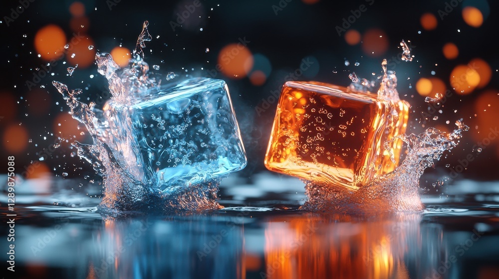Poster colliding cubes of ice and fire dynamic abstract water and flame contrast capturing the powerful ele