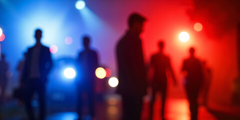 Atmospheric image capturing blurred police lights at a crime scene with red and blue colors