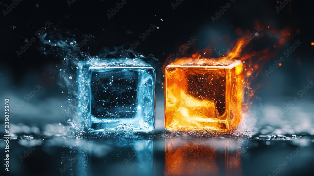 Poster clashing elements fiery cube versus frozen cube in dynamic liquid contrast abstract conceptual image