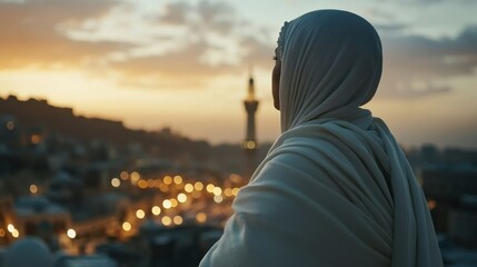 Fototapeta premium Woman in Hijab Gazing at Cityscape During Golden Hour Sunset