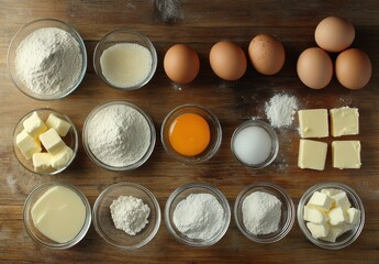 Various Baking Ingredients Arranged Neatly on a Wooden Surface for Culinary Preparation and Recipe Development