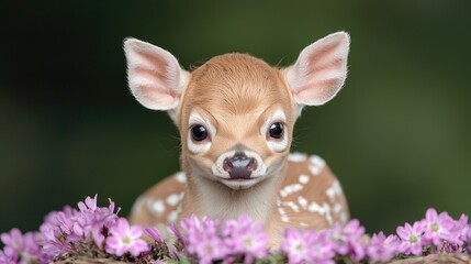 Baby deer fawn nestled in flowers