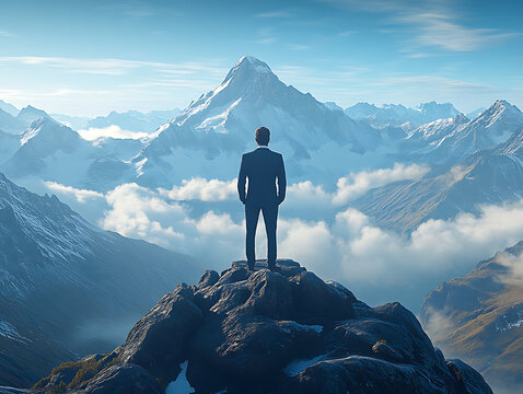a businessman wearing a blue color suit and standing on top of a mountain symbolizing reflection success and new beginnings mind fresh nature landscape, blue color ksy
