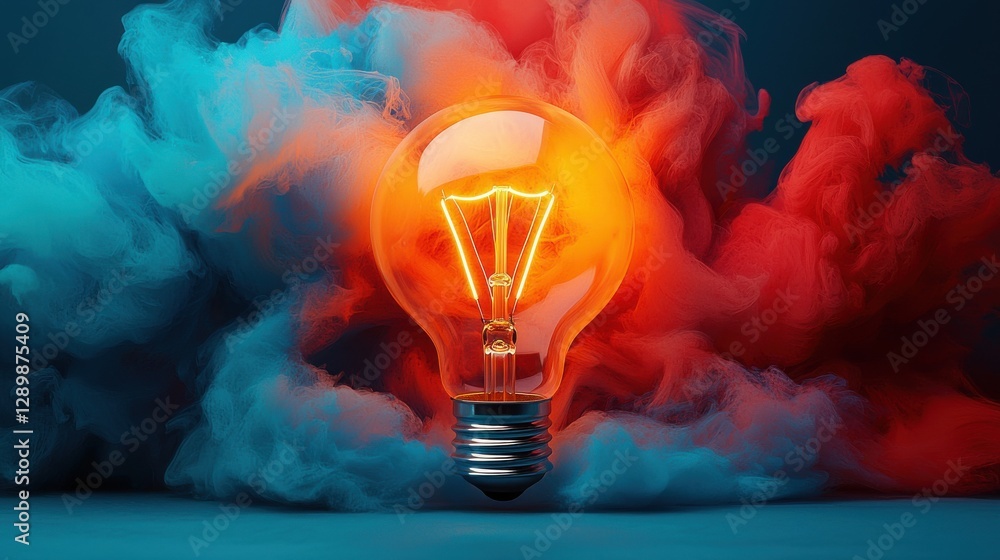 Aufkleber glowing light bulb engulfed in a dramatic explosion of vibrant colorful smoke and fog creating a con