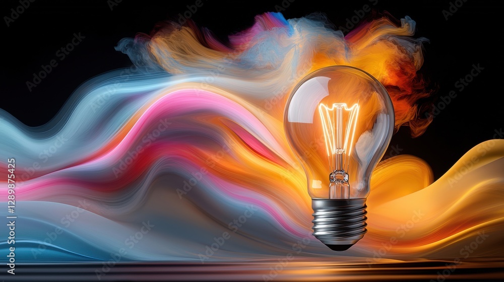 Poster glowing lightbulb surrounded by dynamic waves of color and fluid motion symbolizing creativity innov