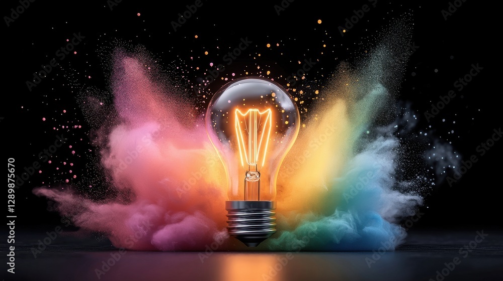 Poster stunning digital of a glowing lightbulb bursting with colorful smoke and sparks creating a dynamic a