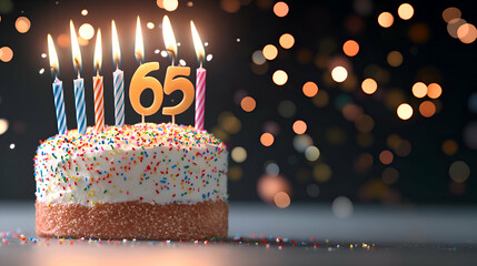 Sixty-Five Birthday Cake with Colorful Candles and Sprinkles