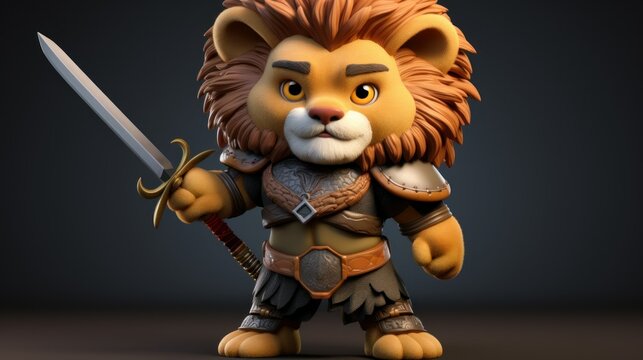 Cute lion warrior with sword in dark studio setting