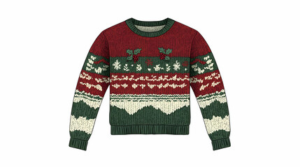 Red Green White Knit Christmas Sweater with Fair Isle Pattern