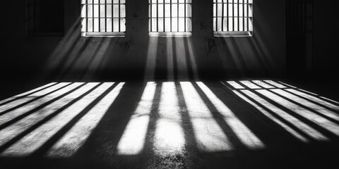 Sunlight filters through the barred cell windows, casting shadows on the cold prison floor, evoking themes of imprisonment and despair while offering a fleeting sense of hope in a bleak environment