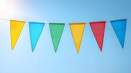 Colorful Triangle Bunting Hanging Against Blue Sky
