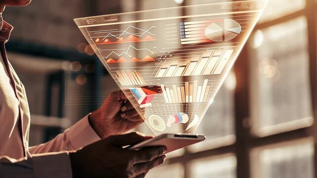 An exeive analyzing a transparent holographic sales funnel with data analytics and conversion rates dynamically updating in real time as they adjust parameters.