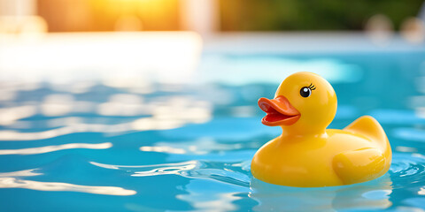 Yellow rubber duck floating on blue water in a pool on a hot summer day, taking a bath and swimming