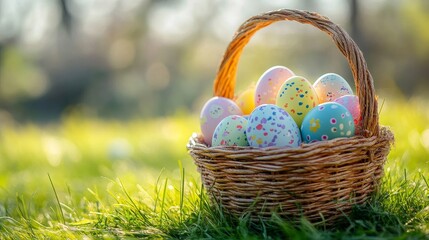 Fototapeta premium Colorful Easter eggs in a basket with fresh grass, decorated with pastel colors, creating a festive and joyful atmosphere for the holiday. 