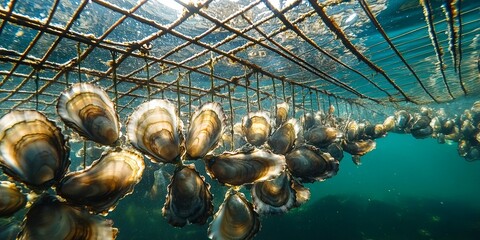 Beneath the surface of the ocean, healthy oysters are cultivated and suspended on a submerged mesh framework, thriving well in the clear and pristine seawater of their natural habitat