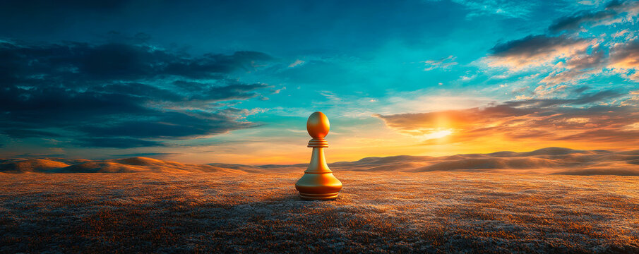 A golden chess pawn stands alone against a stunning sunset landscape, symbolizing potential and transformation.