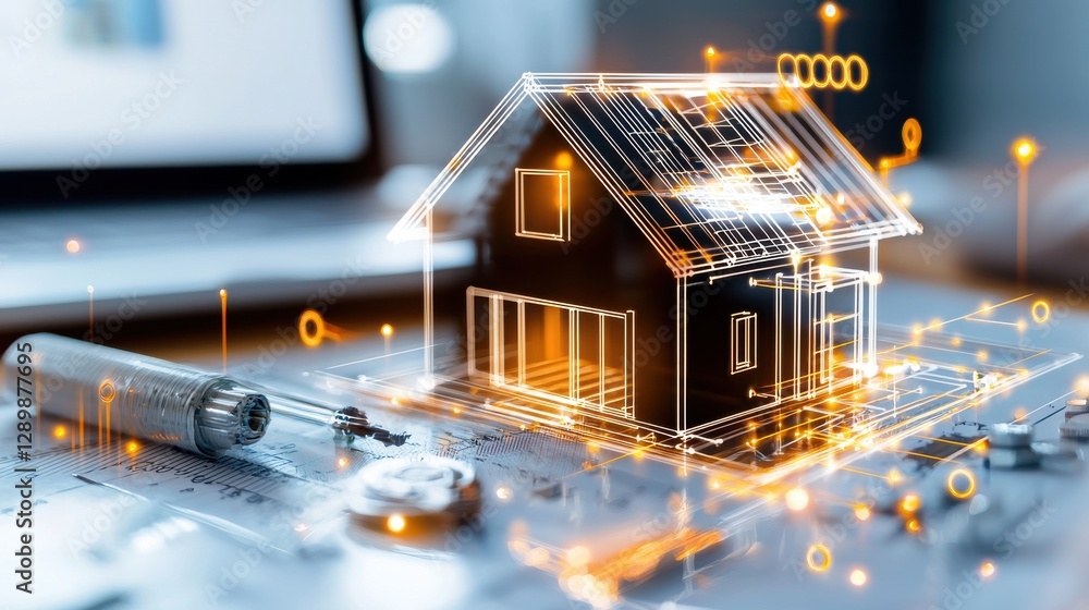 Poster futuristic 3d holographic blueprint of a cutting edge smart home concept featuring a digital wirefra
