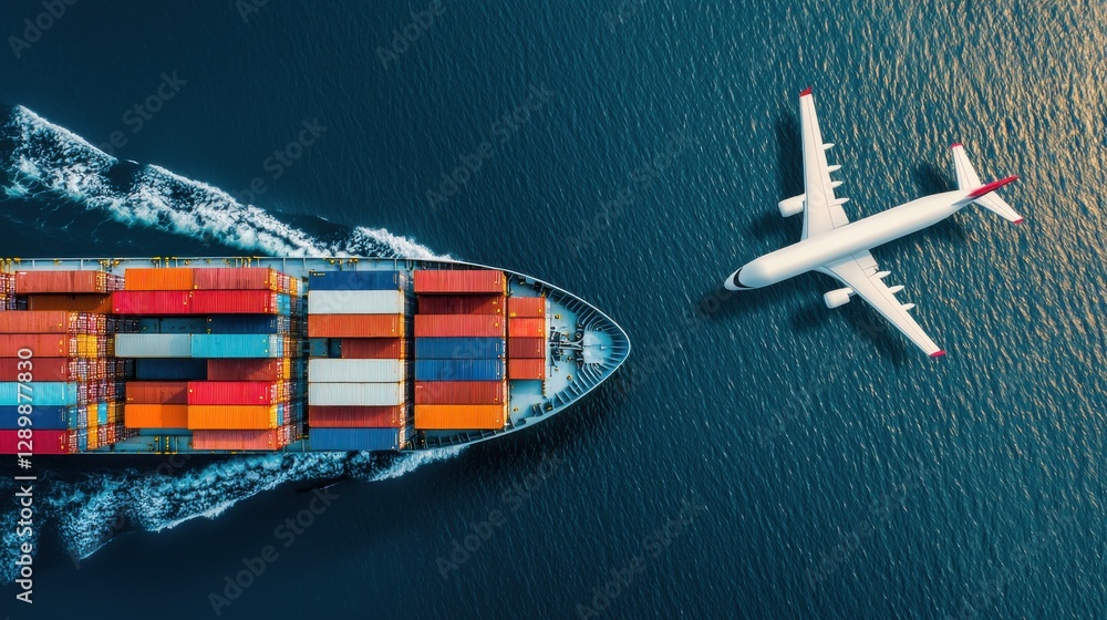 Poster aerial view showcasing the intersection of container ship and airplane in a dynamic shipping industr