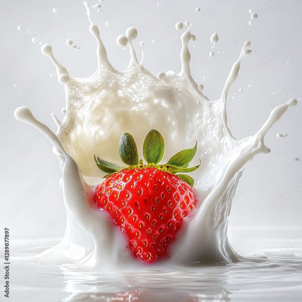 Aufkleber splashing strawberry coated in a creamy milk burst creating a dynamic and vibrant visual display wit