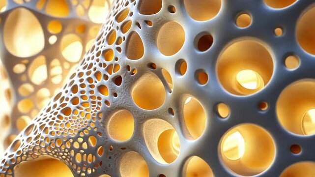 A detailed closeup view of the crosssectional structure of a synthetic bone graft emphasizing the intricate lattice design aimed at mimicking natural bone properties with a focus on