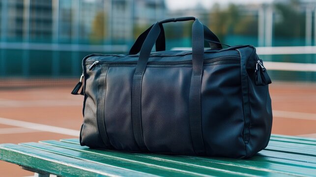 Stylish Black Sport Bag Placed on Green Table in Outdoor Tennis Court