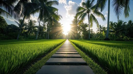 Obraz premium Serene Sunrise Over Lush Green Field with Pathway Surrounded by Palm Trees and Tropical Landscape