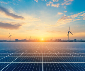 A stunning view of solar panels and wind turbines at sunset, symbolizing the future of renewable energy and sustainable living in urban landscapes.