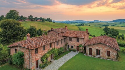 Fototapeta premium Tuscan Farmhouse Sunset: Rolling Hills and Brick Architecture