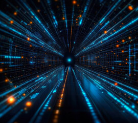 Obraz premium This mesmerizing image captures the essence of digital connectivity, featuring a vivid tunnel of lights and data streams, evoking a sense of depth and exploration in cyberspace.