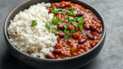 Chili con carne with rice in a bowl, generative AI