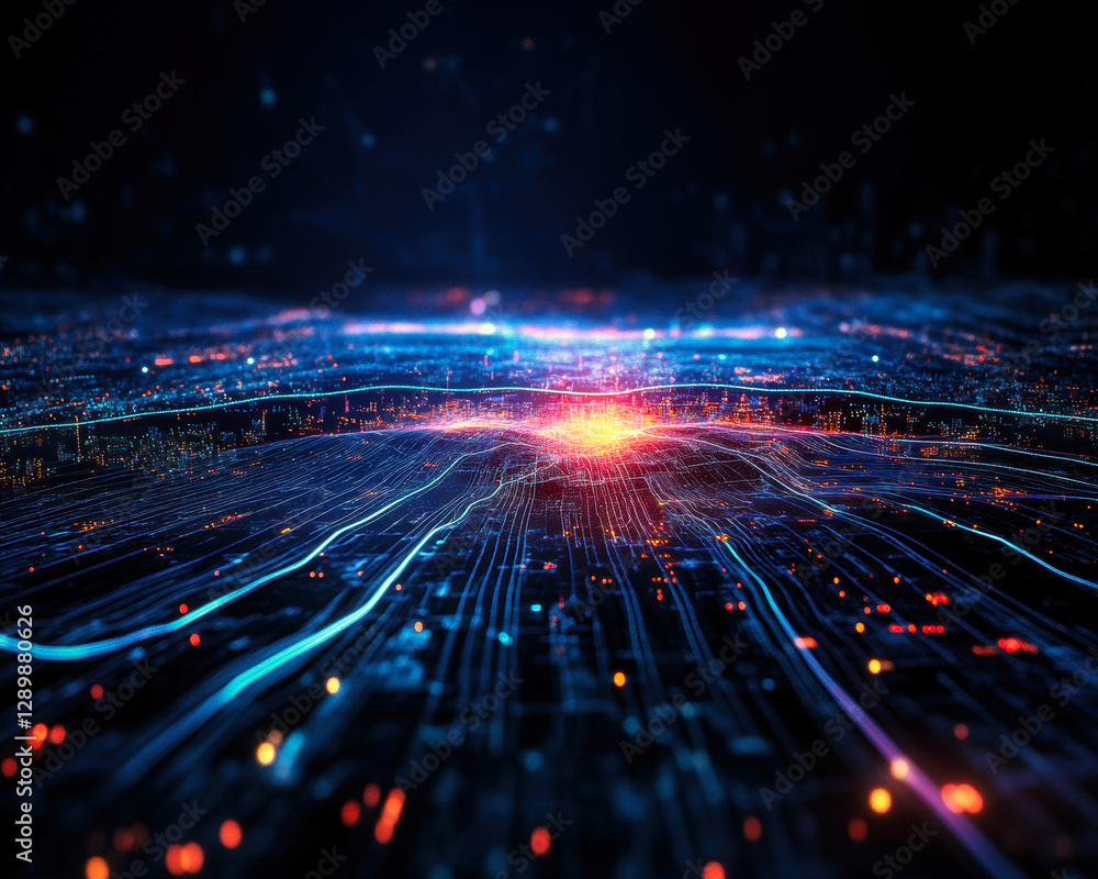 Poster explore a vibrant digital landscape where colorful data streams converge, representing complex netwo