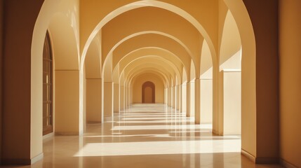 Obraz premium Serene Archways in Sunlit Corridor with Soft Shadows and Warm Tones